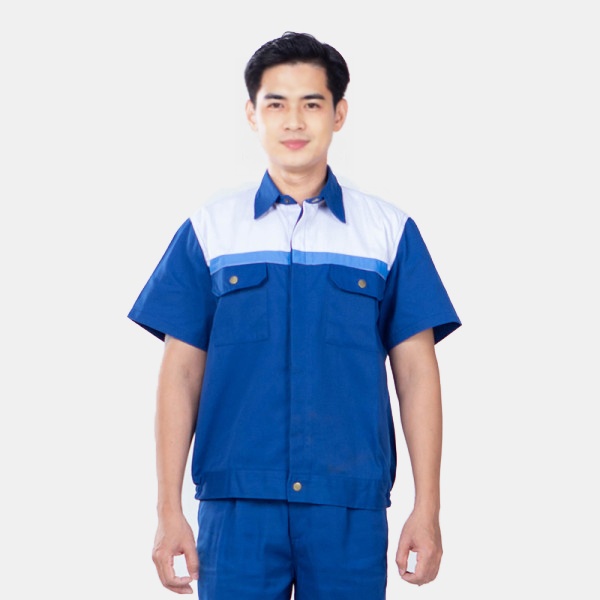 Quần áo bảo hộ lao động Evinz AV62 ngắn tay phối màu xanh chuyên nghiệp cho kỹ sư, công nhân kỹ thuật