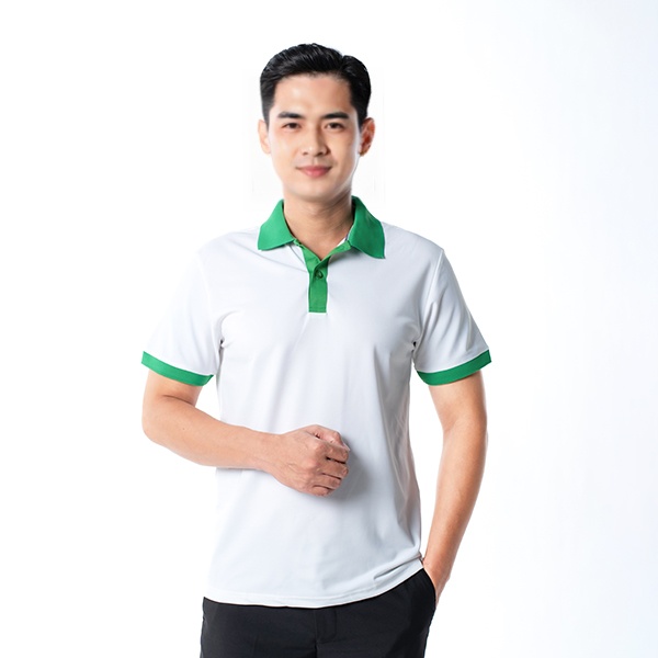 Áo polo đồng phục màu trắng cổ đức phối xanh lá P21 vải co giãn