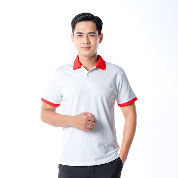 Áo polo đồng phục màu trắng phối đỏ P20 bền, đẹp, thoáng mát