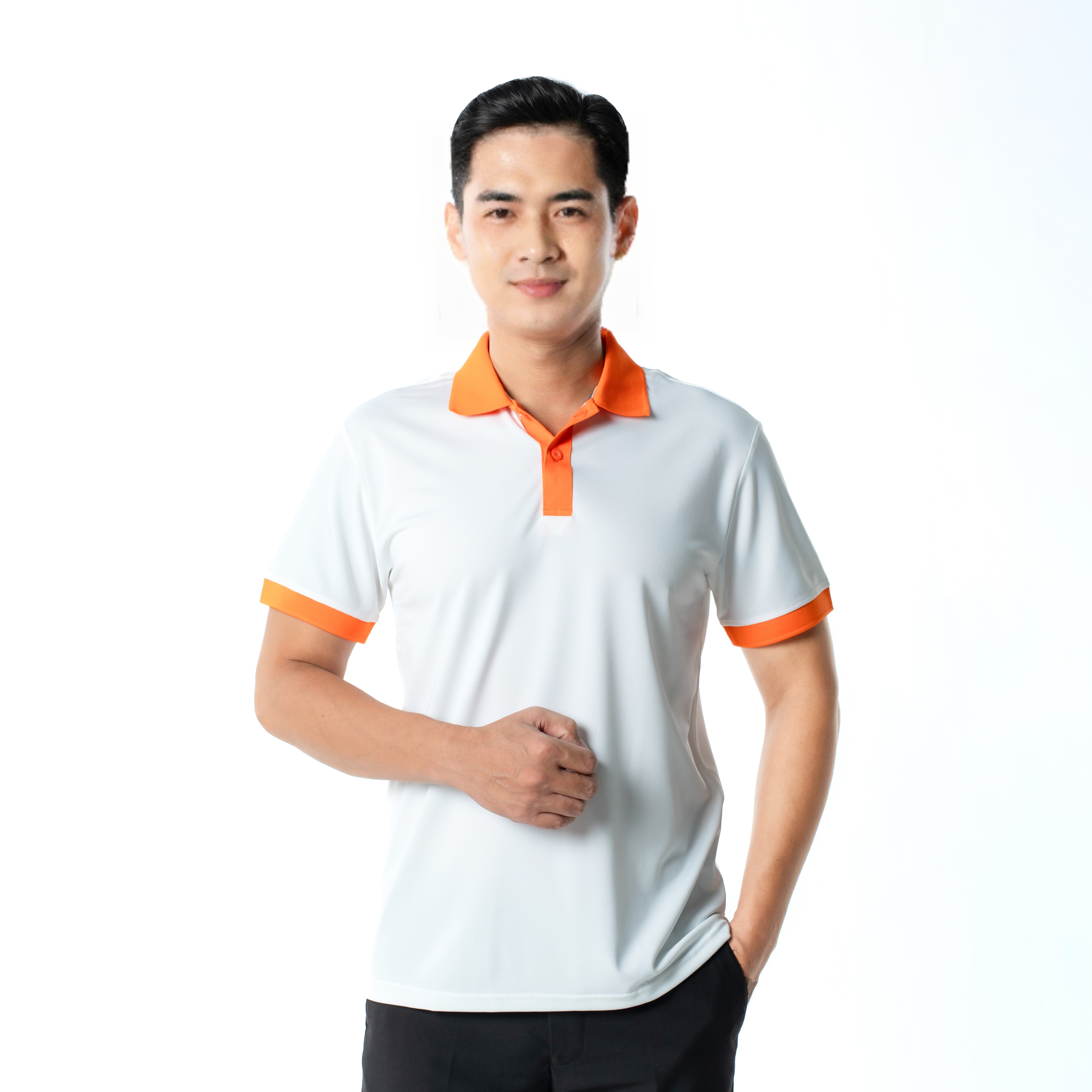 Áo polo đồng phục màu trắng phối cam nổi bật P23